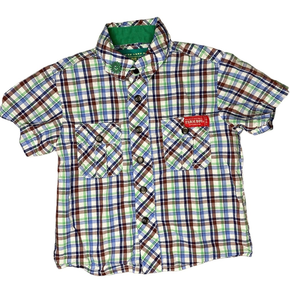 Boys Farm Boy Plaid Black Snap Button Down Short Sleeve Shirt‎ 24 months